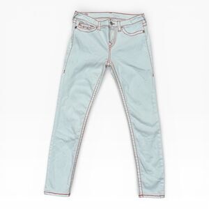 True Religion Jeans Women's 30 HALLE Mid Rise Super Skinny White With Red Stitch